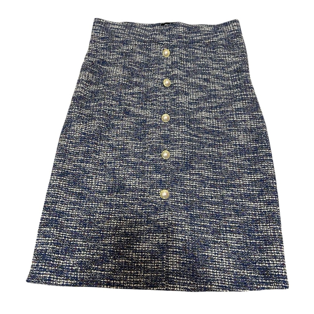 Navy Tweed Button-Front Pencil Skirt